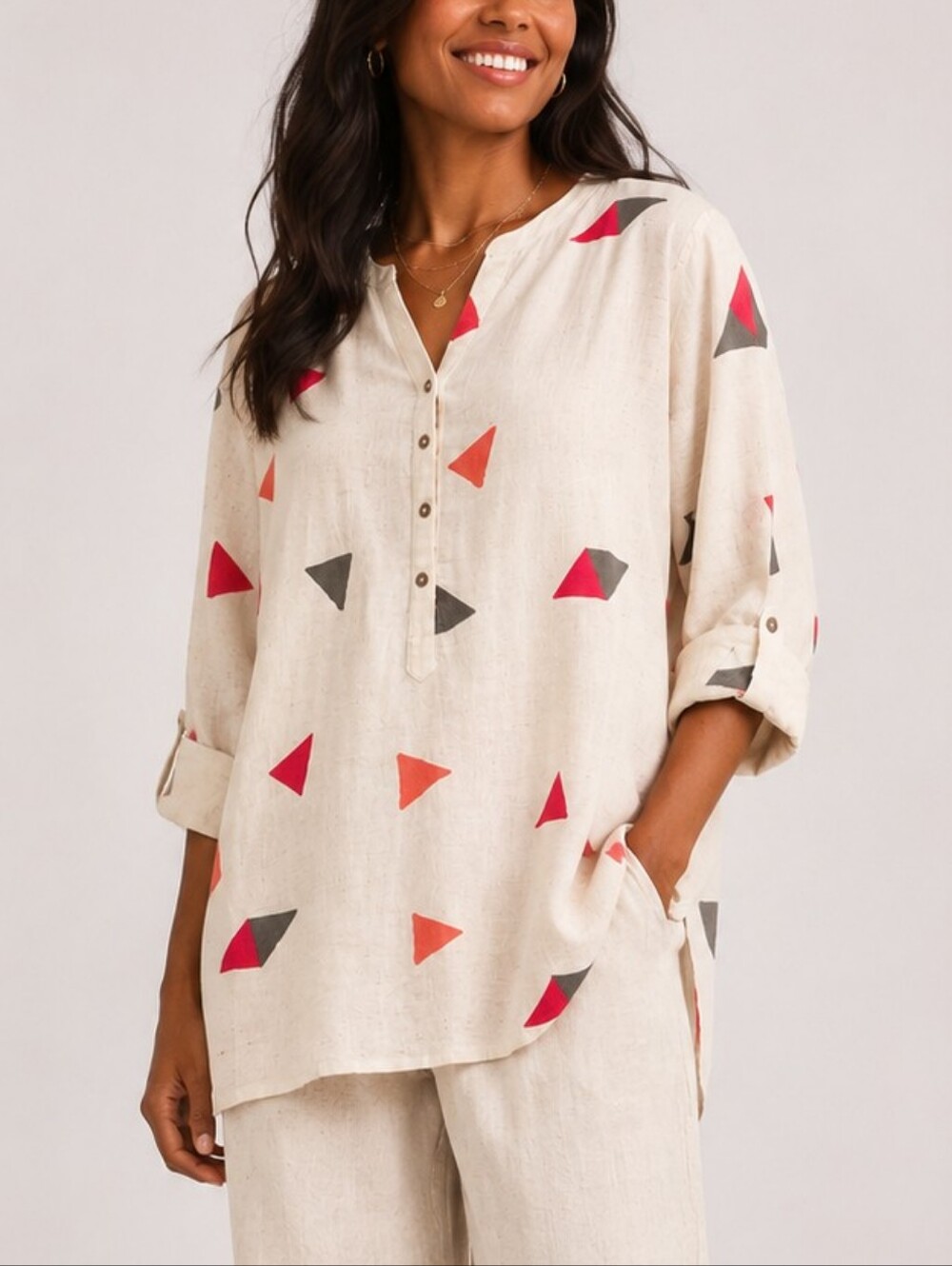 UTSA Linen Blend Lagenlook Geometric Print V-neck Henly Tunic Top, Ethnic Modest